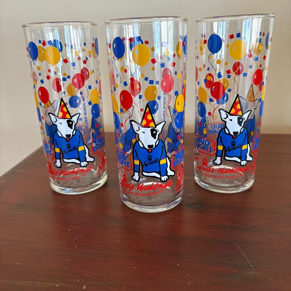 3 Vintage 1997 Spuds McKenzie Party Animal Bud Light Glasses